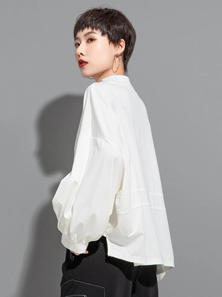 EAM] Women White Drawstring Zipper Big Size Casual T-shirt New