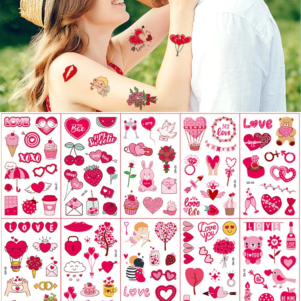 

10 Kinds Sweet Love Tattoos Disposable Wedding Anniversary Party Temporary Body Arm Stickers Waterproof Makeup Concealer Sticker
