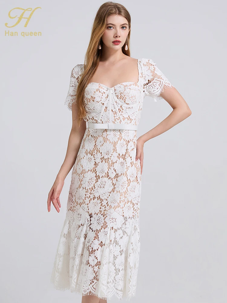 H Han Queen Summer Sexy Lace Dress Square Collar Three