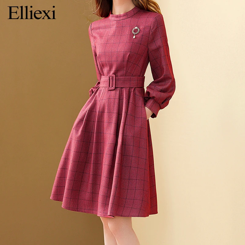 Elliexi Women Red Plaid Dress Lantern Sleeve O neck Elegant Dresses