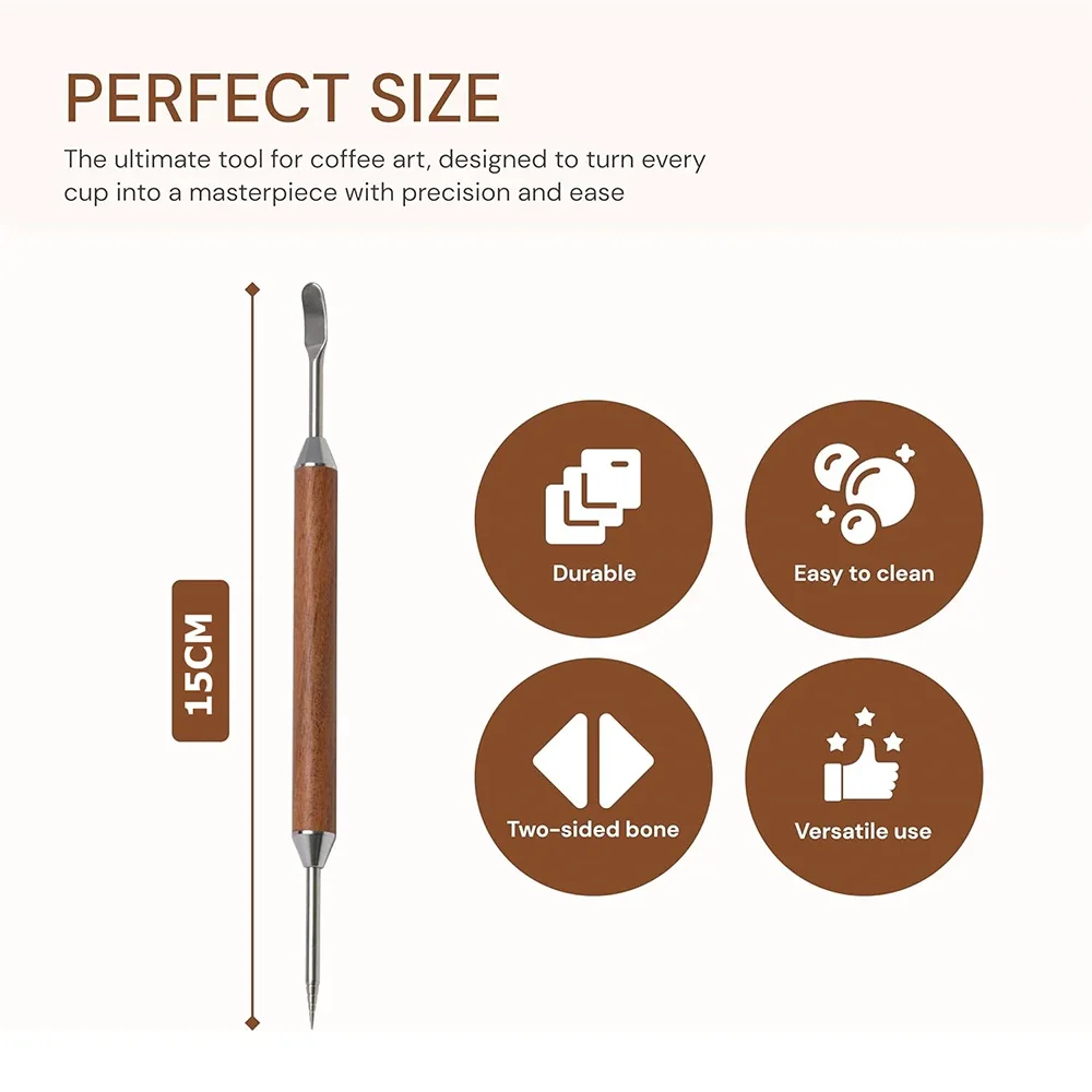 Stainless Steel Coffee Latte Art Pen Stainless Steel Spice Cappuccino Pull Needle Wooden Carving Hook for Floral Design
