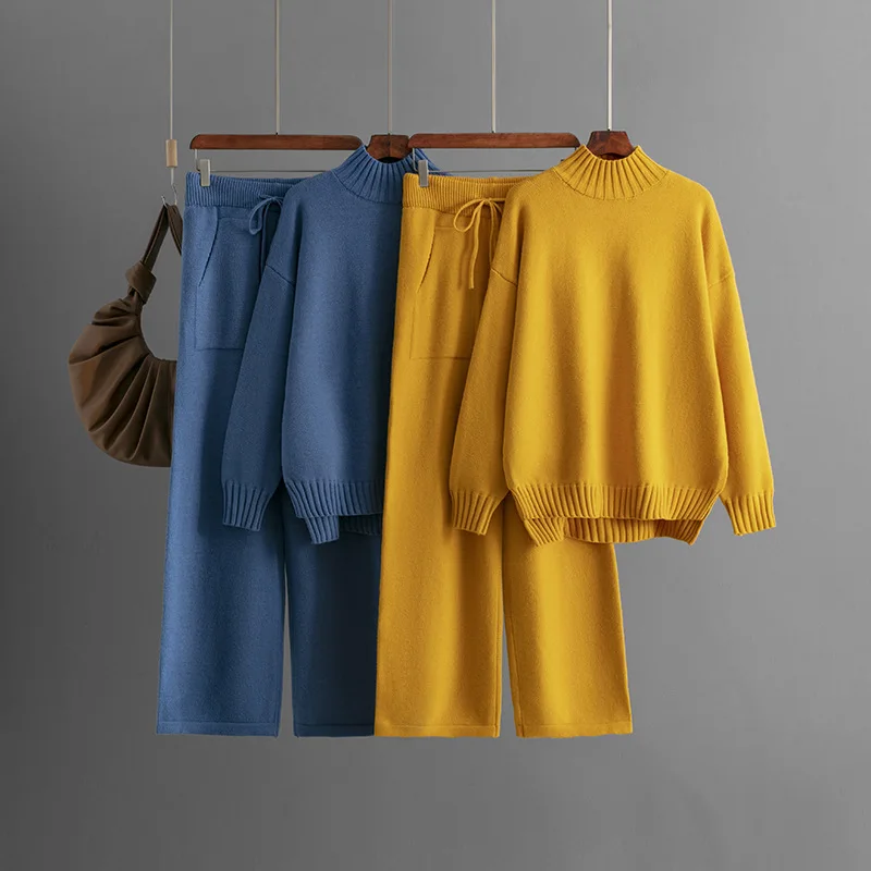 Winter Thick Knitted 2 Piece Sets Women Half Turtleneck Knitwears Sweater Pullover Tops Conjuntos High Waist Sweatpants Outfit 2