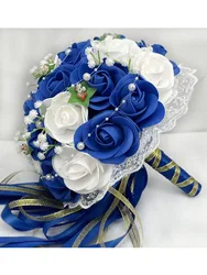 Elegant Burgundy and Royal Blue Wedding Bouquet with Pink, Red, and White Roses - Artificial Bridal and Bridesmaid Flowers (Picture color)