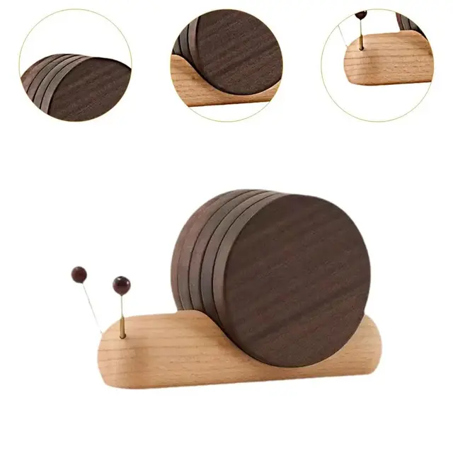 Cute Snail Wooden Drink Coaster Set – Magnetic Heat-Resistant Walnut Cup Mats for Tea, Coffee & Living Room Decor 4