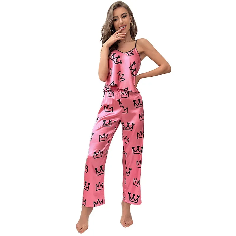 2023 New Summer Women's Pajamas Imitation Silk Loungewear Stylish Crown Print Loungewear Suspender Trousers Pajama Set