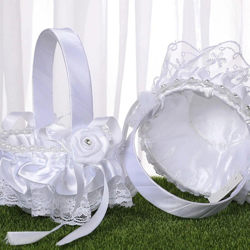 Mir de Fleurs en Satin Blanc Enveloppé de Dentelle, Fausses Perles, Nministériels ds, Style Assressenti, pour Mariage, Fille