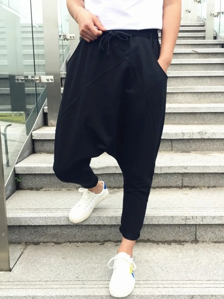 Hip Hop Mens Drop Crotch Casual Sweatpants Ankle Length Trousers Drawstring Loose Fit Spring Summer Men Streetwear Harem Pants 4