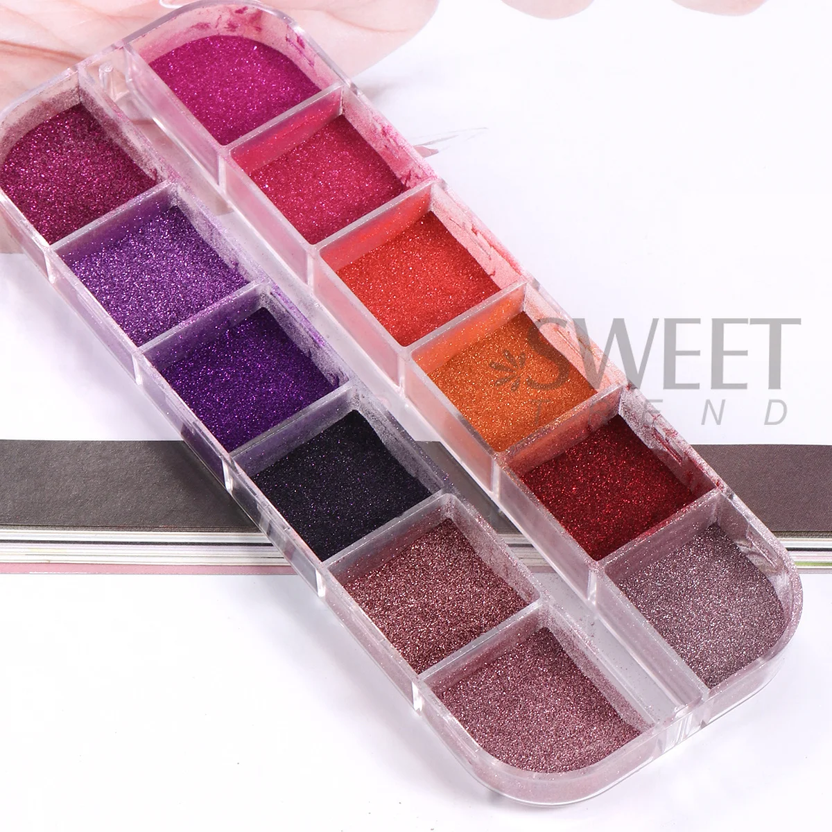 12 Grids Sweet Pink Magic Mirror Nail Glitter Powder Purple Red Metallic Chrome Rubbing Dust DIY Valentine Trend Decor Manicure