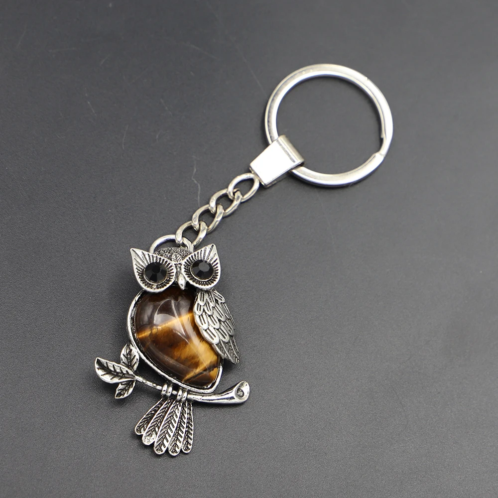 Creative Natural Crystal Original Stone Vintage Owl Keyring Fashion Popular Keychain Pendant Jewelry Accessories 8Pcs Wholesale