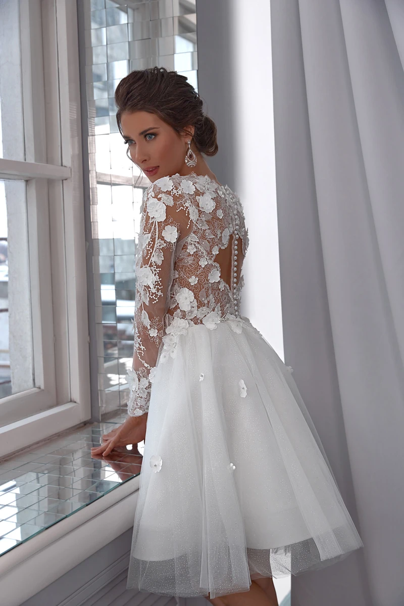 vestidos de novia Short Wedding Dress Sweetheart Organza Lace Appliques Long Sleeve V-NecK Customize To Measures RObe De Marie 3