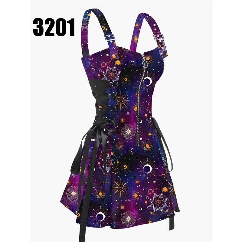 Women Printed Sleeveless Mini Dress Galaxy Octopus Lace Up Half Zipper Adjustable Buckle Strap Sexy Robe For Female