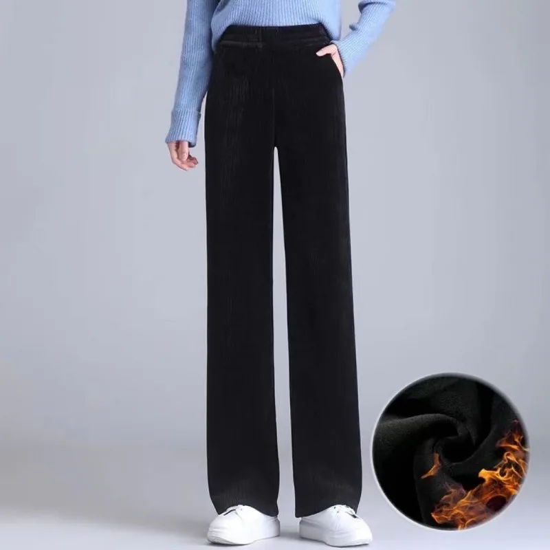 2023 Spring Autumn New Corduroy Wide Leg Pants Women High Waist Sag Thin Plus Fleece Thickened Straight Casual Long Trousers