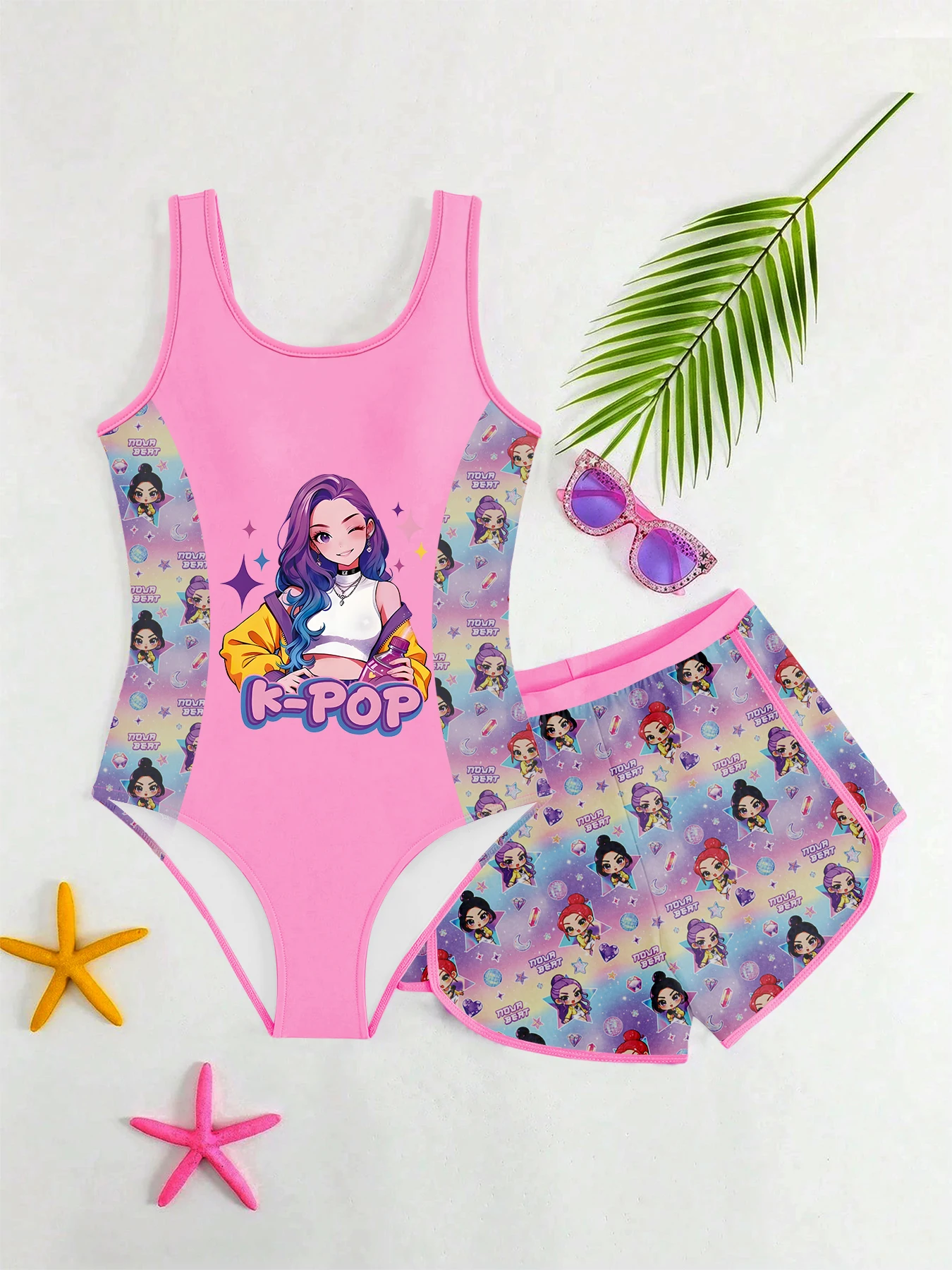 Süßer und cooler zweiteiliger Badeanzug für Mädchen, Farbverlauf in Rosa und Lila mit Cartoon-Idol-Print, Badebekleidung im Tank-Top-Stil mit Shorts