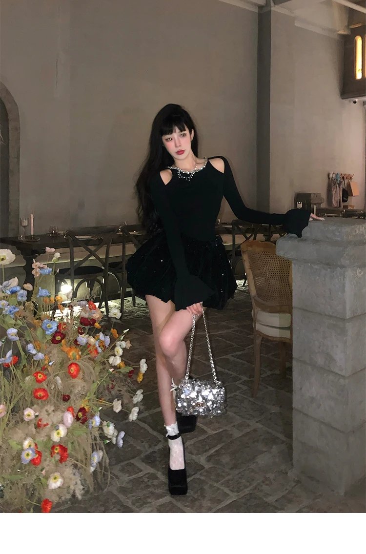 Autumn Winter Knitted Black Dresses for Women Long Sleeves High Waist A-line Birthday Party Dress Mini Vestidos Female Clothing