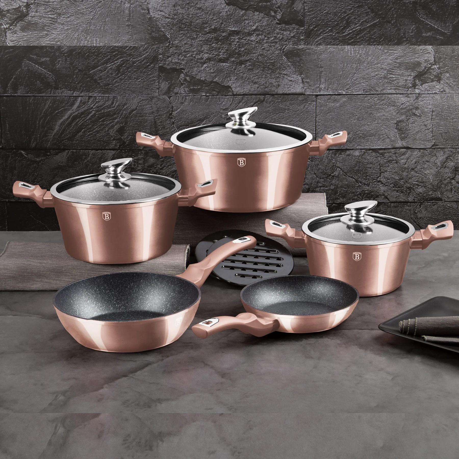 Batería Cocina Inducción 17 Piezas, Antiadherente Mármol Sin Pfoa,  Aluminio, Cazuelas Sartenes Oro Rosado Berlinger Haus Rose Gold con Ofertas  en Carrefour