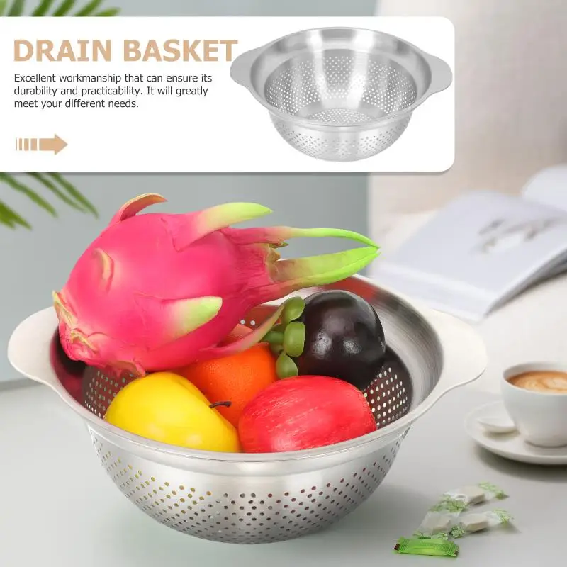 Description Picture 5 of itemRice Basket Sieves Strainers Cooking Kitchen Handle Silicone Sink Pasta Drainer Colander Stainless Steel Pot
