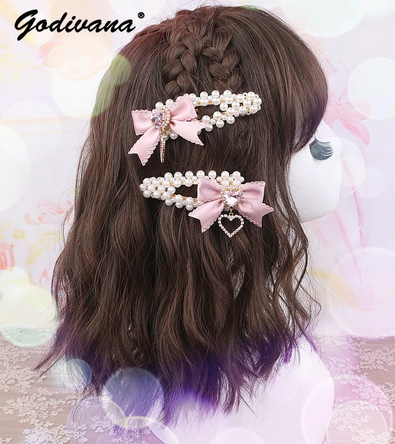 Hair Accessories for Girl Japanese Style Sweet Cute Women's Headwear Pearl Bow Rhinestone Hairclips Side Clip
