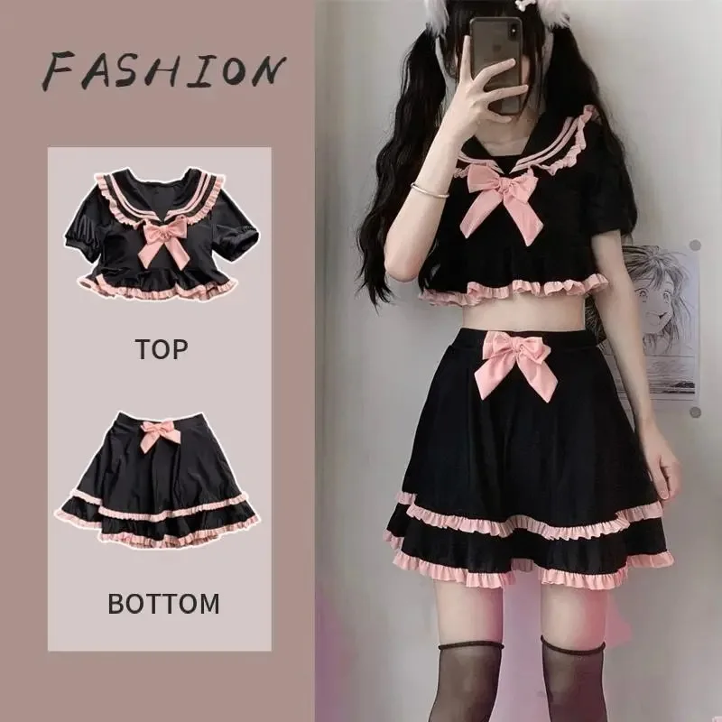 

Women Summer Y2K Cute Sexy Slim Swimwear Sweet Beach Wear Students Two Pieces Swimsuit Bikini Set Mini Skirts Beach Bathing Suit