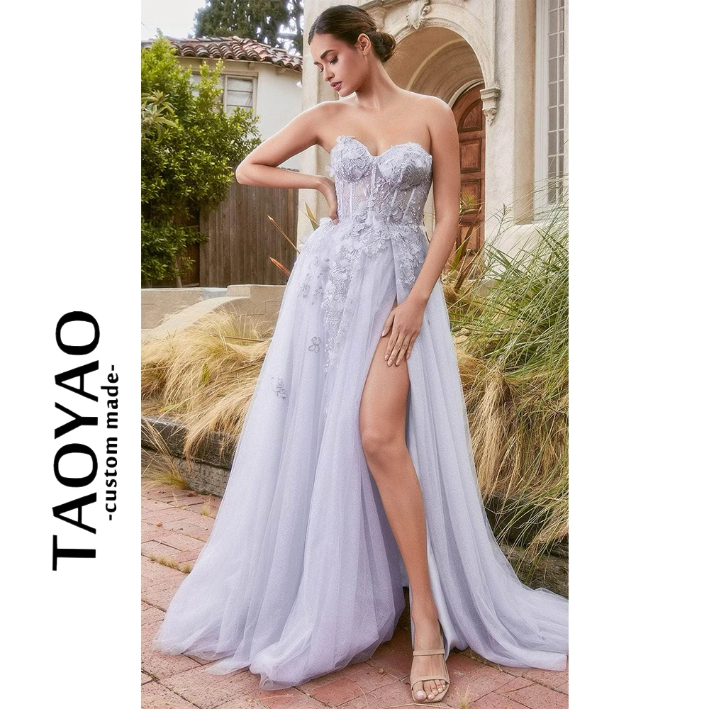 

Блестящие Свадебные платья а-силуэта, платья без бретелек, элегантные и красивые женские платья с 3D цветочным кружевом и аппликацией, платья для женщин