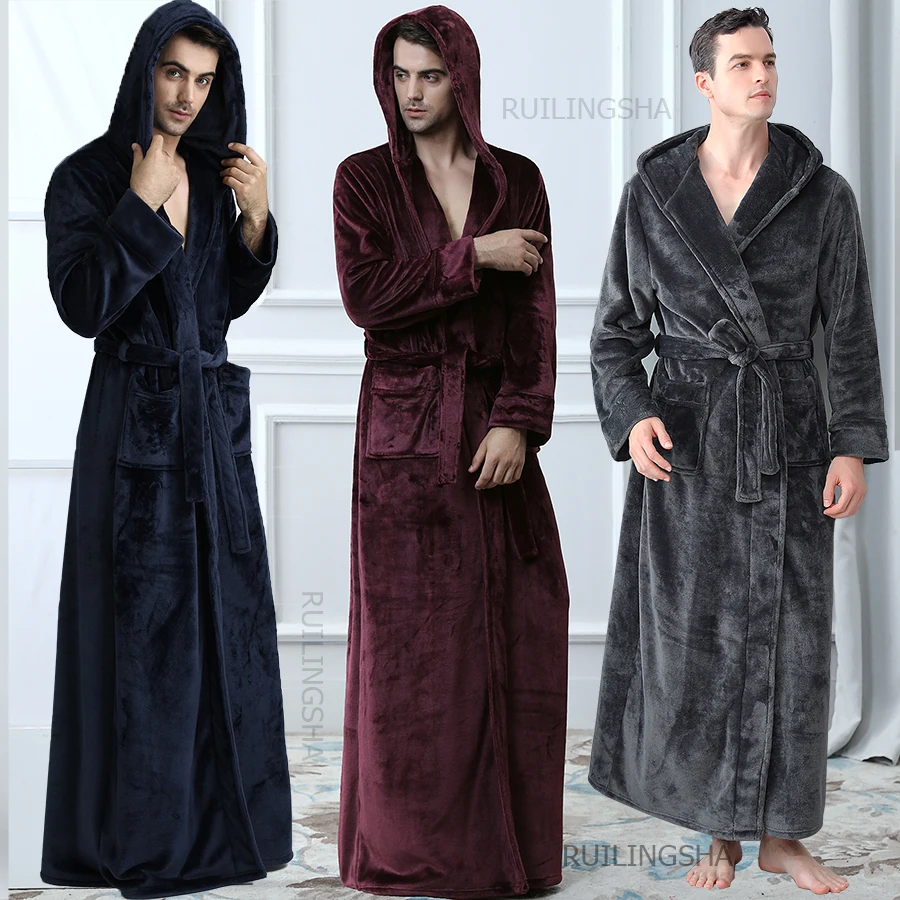 Men Hooded Extra Long Thermal Bathrobe Plus Size Winter Flannel Thickening Warm Kimono Bath Robe Male Dressing Gown Mens Robes