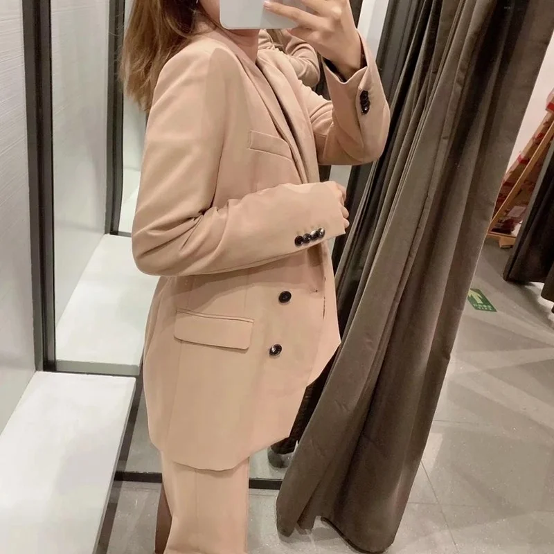 2023 Autumn Winter Two-piece Set Solid Color Pants England Style Double Breasted Long Sleeve Blazer+High Waist Straigt Trousers