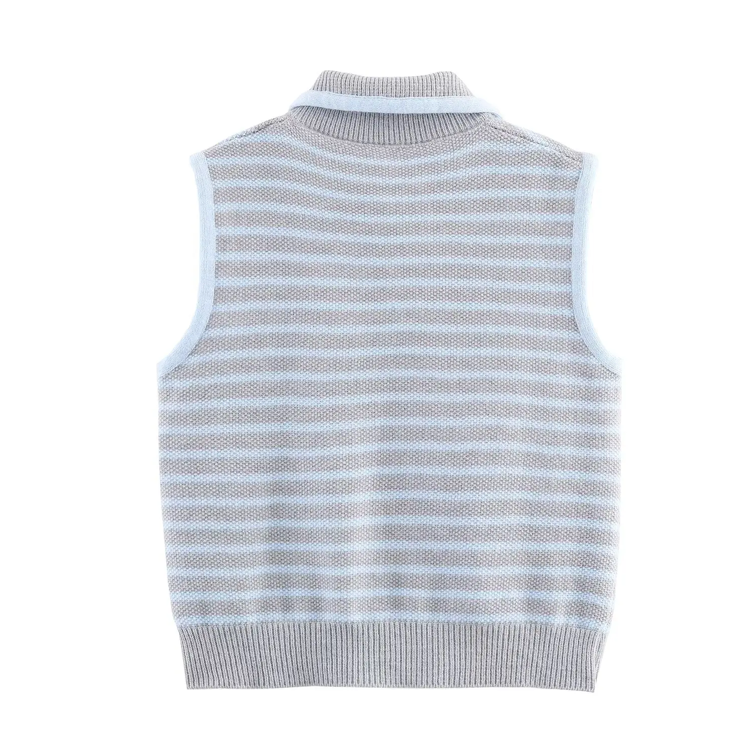 Women's College Style Gray Stripe Turn-Down Collar Buttoned Knit Vest Female Sleeveless Pullover Sweater Leisure Tops Streetwear