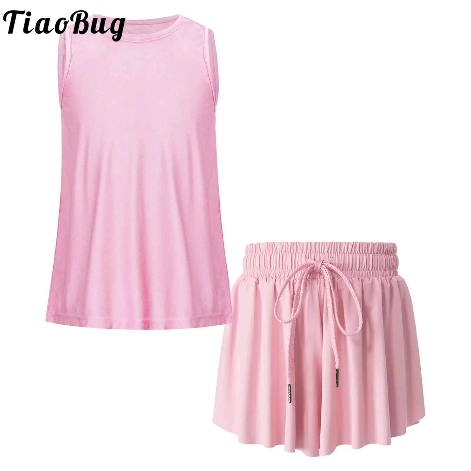 

Summer 2PCS Kids Girls Sleeveless Split Back Tank Top with Elastic Waistband Drawstring Pantskirt for Gym Workout Running Sports