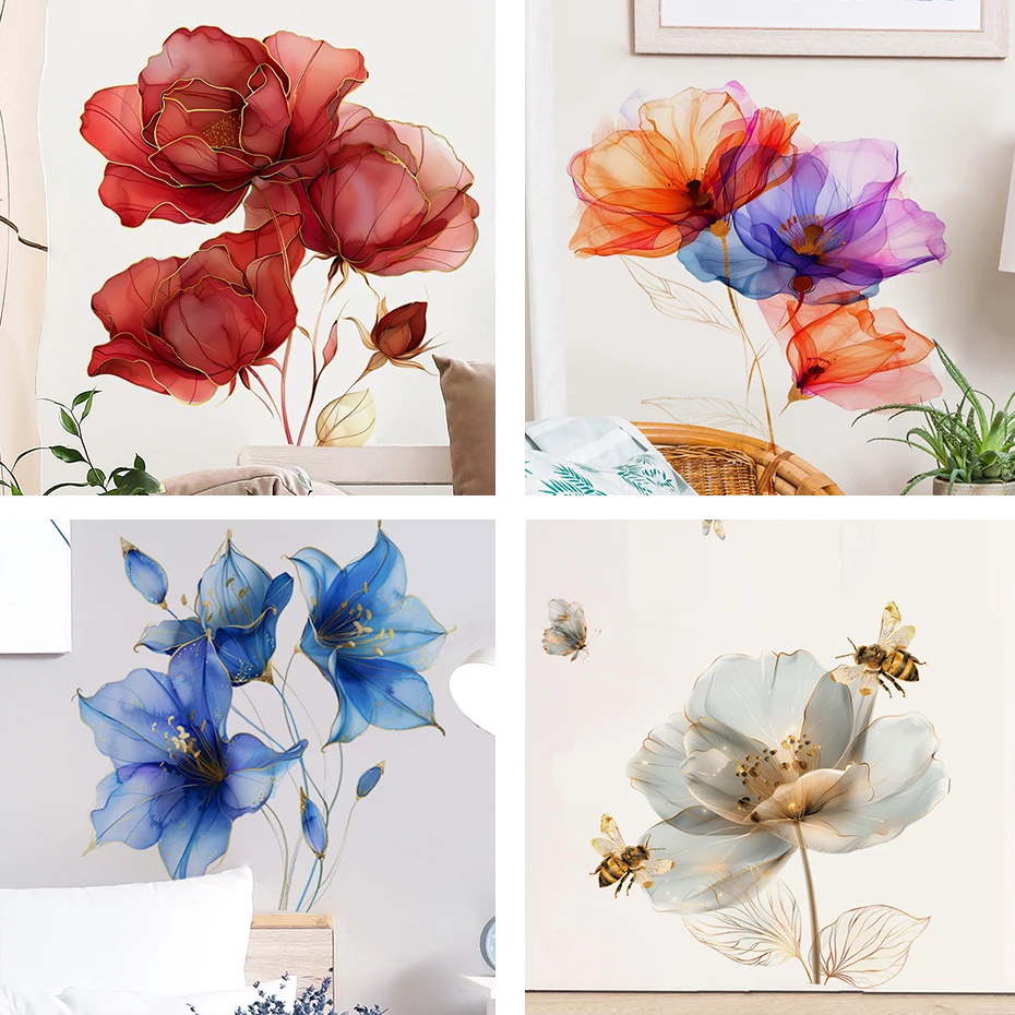 Watercolor Flowers Leaves Wall Sticker Living Room Background Decoration Mural Removable Window Bedroom Home Decor Decals wall stickers wall sticker home decoration accessories