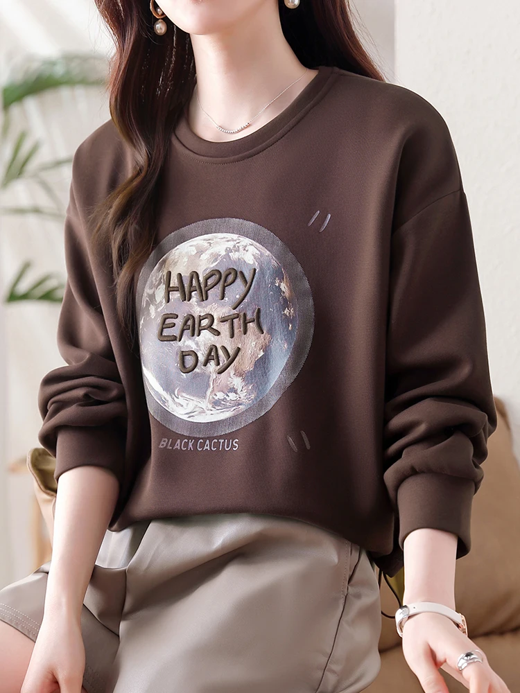 Embroidered Cropped Sweatshirts Women O-Neck Long Sleeve 2024 New Winter Thick Warm Pullovers Female Loose Casual Jumper Coffee