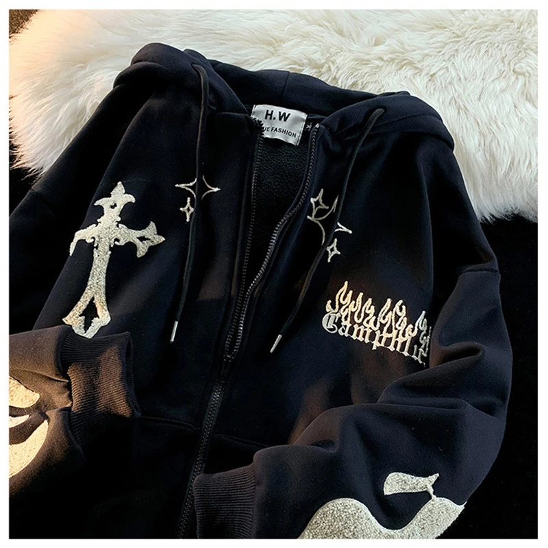 Zip Up Hoodie Y2k Rhinestone Skeleton Woman Goth Sweatshirt Sport Coat