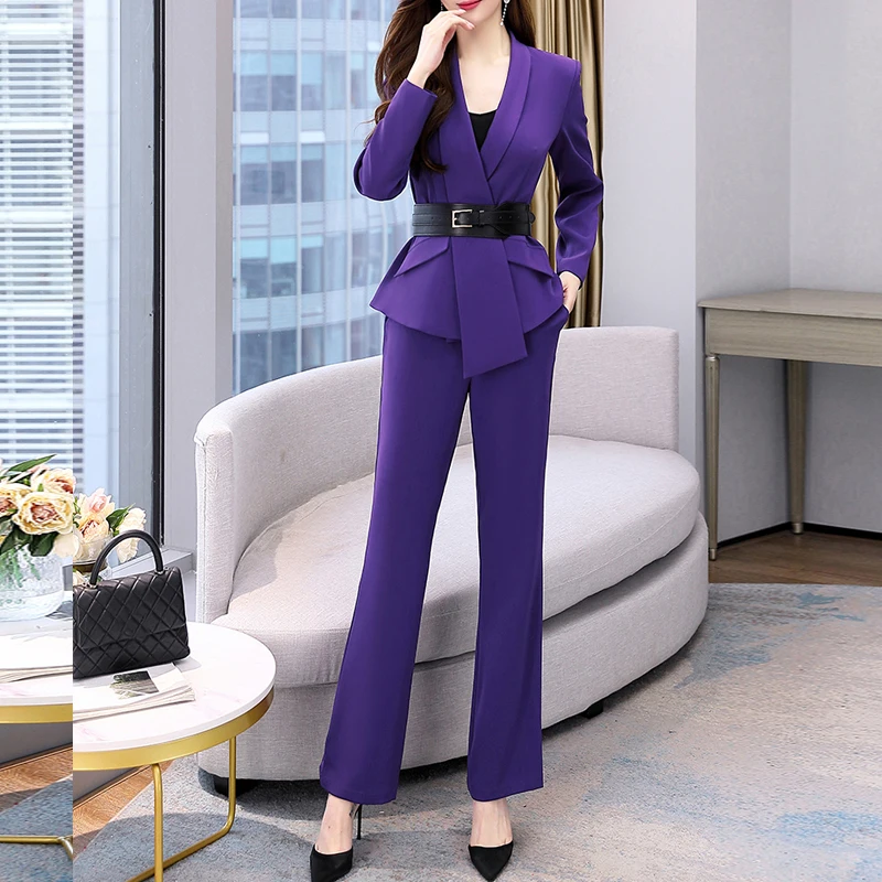 

New Spring Autumn Professional Slim Belt Blazer Coats Jacket And Wide Leg Pants Sets Suit Temperament 2 Pieces Set