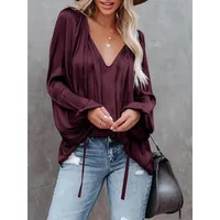 Plus Size Fashion Long Sleeve V Neck Office Casual Shirt Women Elegant Simple Loose Blouse Ladies Pleated Solid Color Top - Image 3