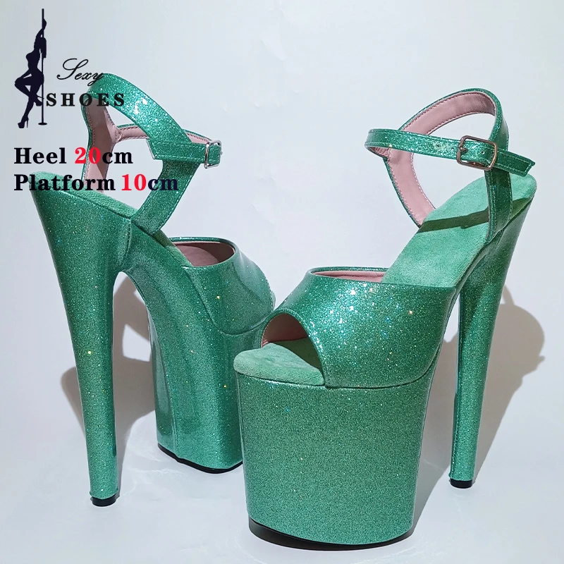 20CM Sexy Sandals Shiny PU Summer Fashion Buckle Strap Platform High Heels Women Sexy Peep Toe Extreme Stripper Pole Dance Shoes