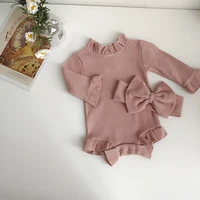 Fashion Toddler Baby Girls Romper Outfits Set Cotton Ribbed Flared Sleeve Jumpsuit + Bow Headband Sweet New Born Infant Clothing 6