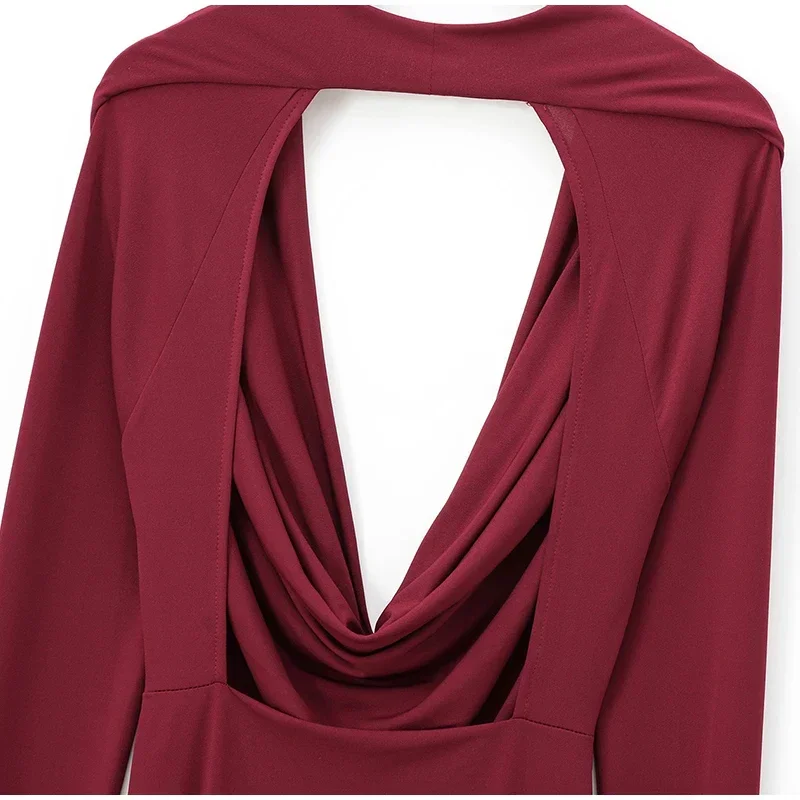 Elegant Hang Neck Burgundy Long Party Dress Women Halter Full Sleeve Maxi Dresses Autumn Lady Slim Hip Package Gowns New