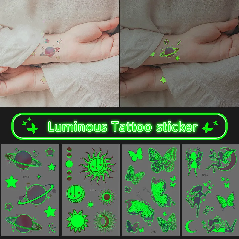 Luminous Tattoo Butterfly Starry Star Universe for Kids Fake Tattoo Glowing In Dark Waterproof Temporary Tattoo Christmas Gift