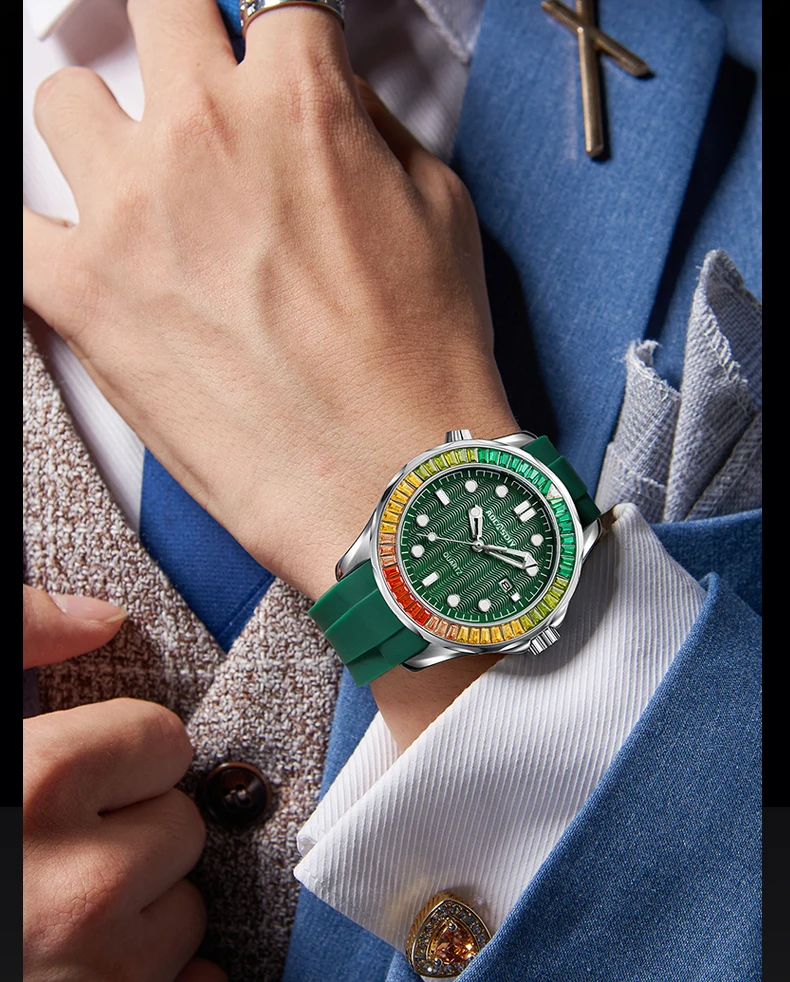2023 New Luxury Men Watches Fashion Green Diamond Bezel Quartz Watch Business Automatic Date Dive Clock Relogio Masculino