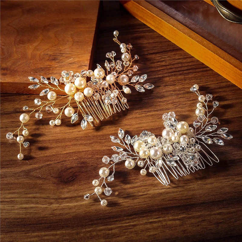 Mode Braut Perle Haarkamm Silber Gold Hochzeit Kopf bedeckung Haars pangen Kristall Perlen klassischen Schmuck Haarschmuck – Detail 2