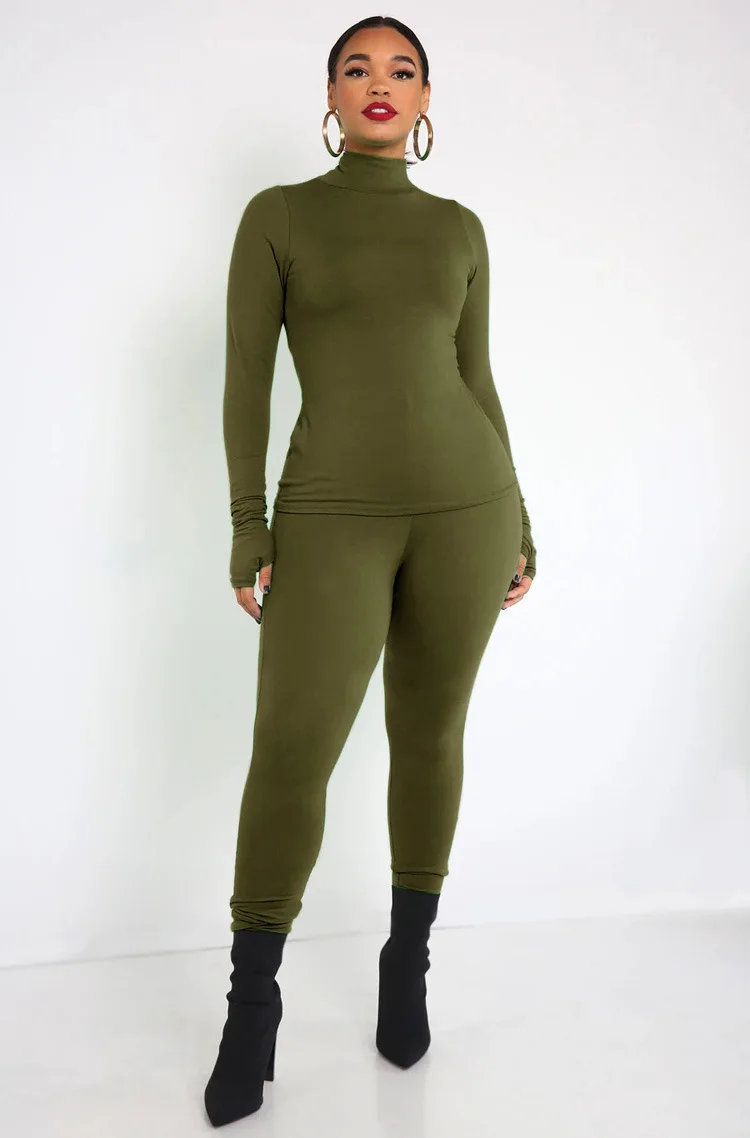 

Autumn and Winter 2022 New High Collar Top Small Leggings Simple Casual Sports Tight Two Piece Set