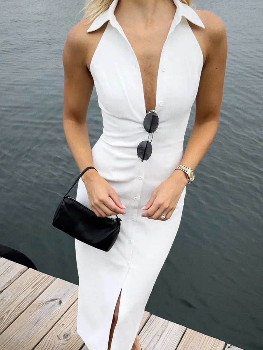 Bornladies Summer Sleeveless Single Breasted Dress Fashionable Ladies Slim Fit Collar Solid Color Long Dresses Women's Clothing