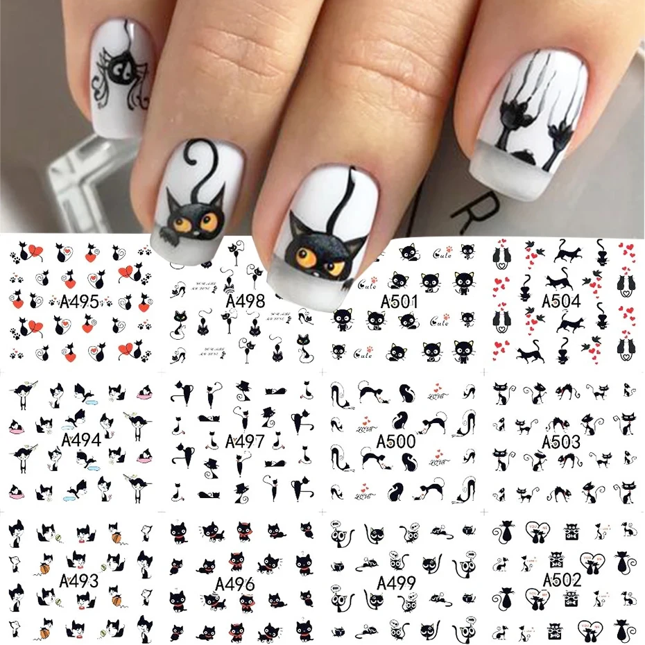 12 Designs Cute Cat Pattern Watermark Designs Nail Art Stickers Water Transfer Decals Beauty Nails For Decoration LA493-504 nail stickers nail art decoration nail decals