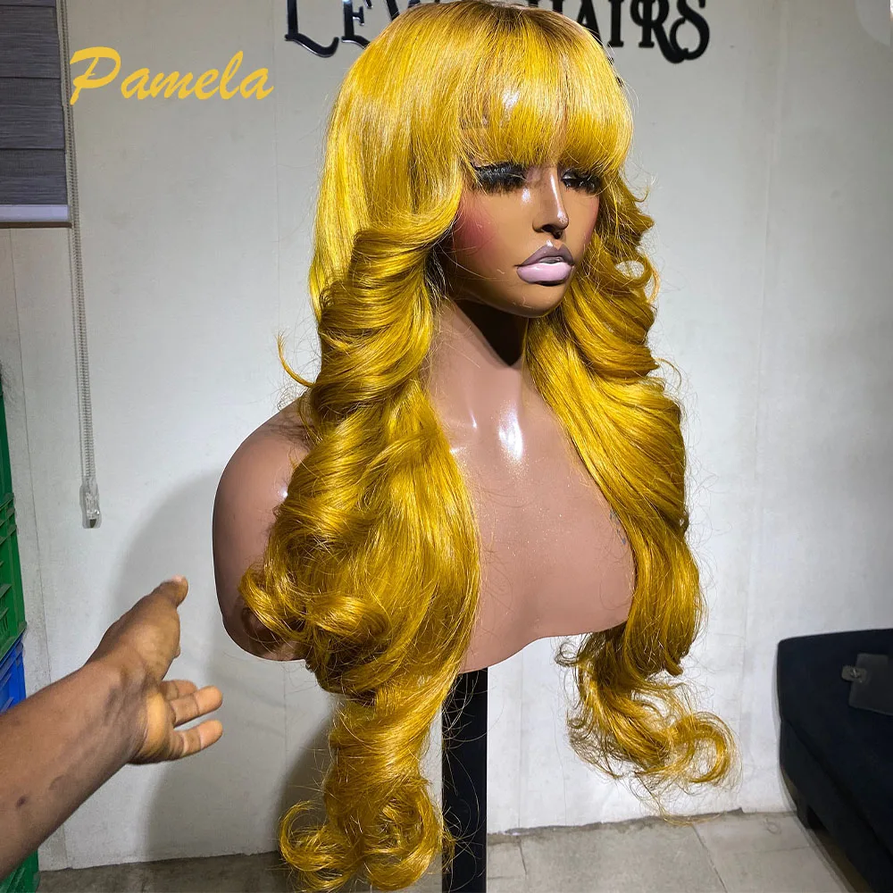 Honey Blonde Body Wave 250% Density HD Lace Front Wigs Highlight Yellow Blonde Colored Human Hair Wigs Ready To Wear With Bangs