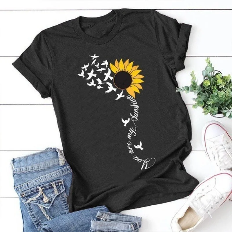 

Sunflower Letter Print Women T Shirt Short Sleeve O Neck Loose Women Tshirt Ladies Tee Shirt Tops Clothes Camisetas Mujer