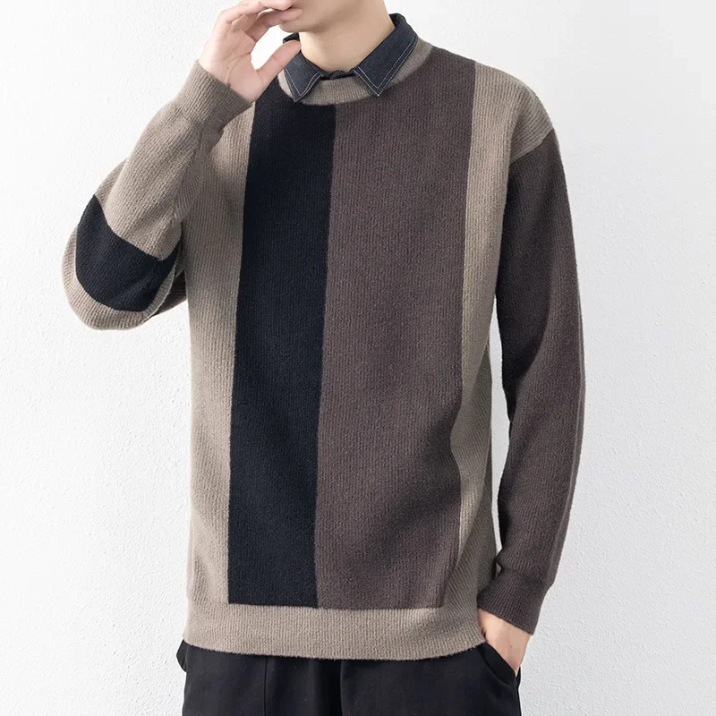 

2023 Fake Two Piece Lapel Thickened Sweater Men's Lapel Sweater Business Casual Knitwear