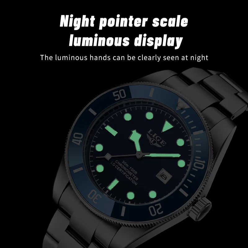LIGE Watches for Men Top Brand Luxury Chronograph Luminous Quartz Watch Fashion Business Waterproof Stainless Steel Wrist watch