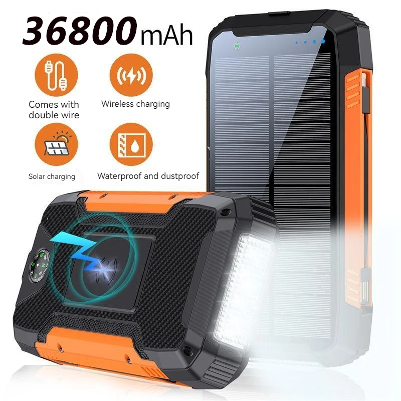 

36800mAh Wireless solar power bank Quick charger outdoor Powerbank External Battery Charge Smartphone led light Built in Cables