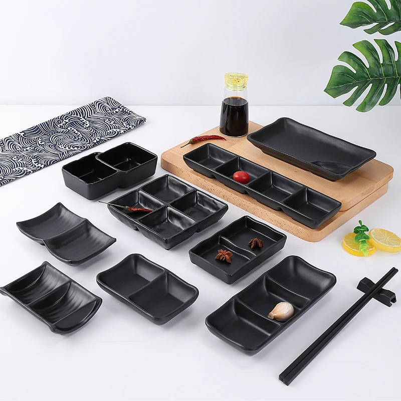 Black Melamine Japanese Style Multi Grid Flavor Plate Barbecue Dipping Plate Black Two/three Grid Soy Sauce Dish Snack Bowl