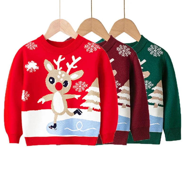 

Winter Christmas Children Clothing Deer Printed Snowflake Sweater Kids Pullover Knitted Long Sleeve Elk Sweaters Xmas Clothes