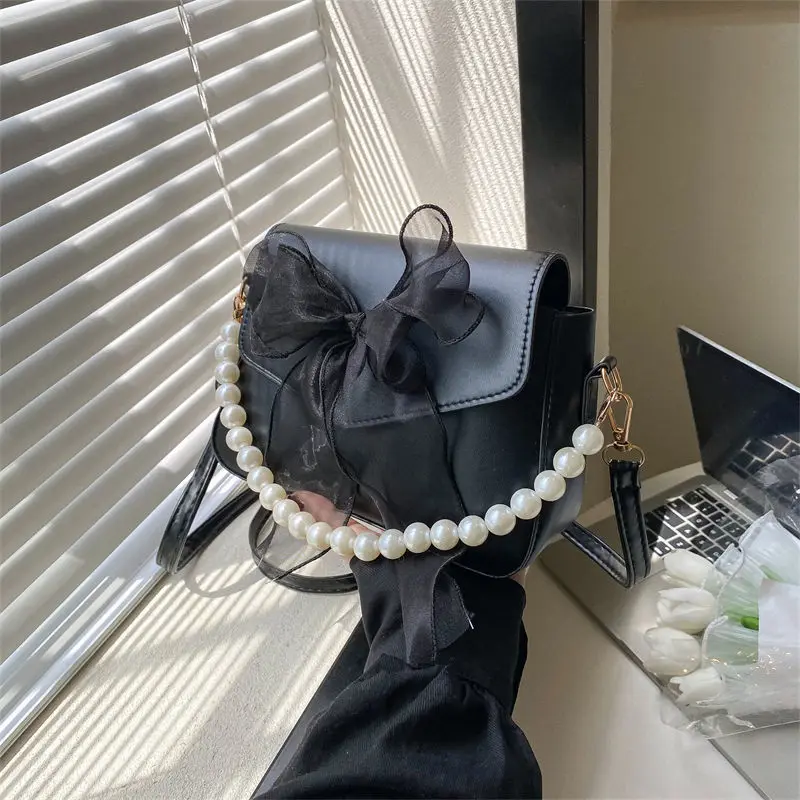 Pearl Lace Bow Collocation PU Leather Small Bags for Women Daily Use Handbag Shoulder Cross Body Bags, Teen Girls Phone Pouch