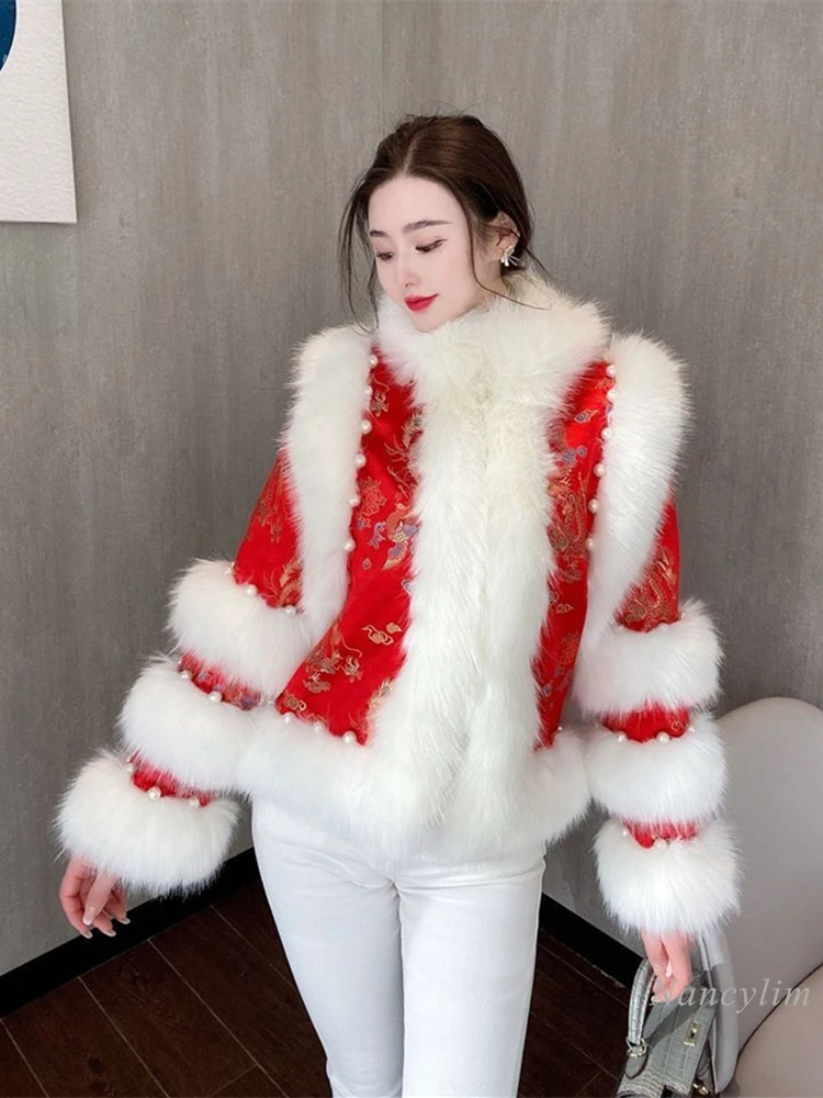 2023 Autumn Winter New Chinese Style Faux Fox Fur Coat for Women Short Chic Young Beaded Cotton-Padded Tang Coat Party Daily
